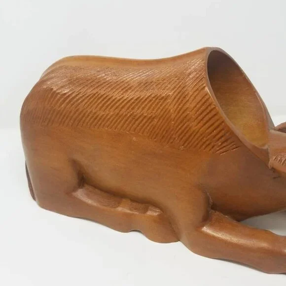 Vtg hand carved Water Buffalo wine bottle holder man cave brown - Picture 3 of 7
